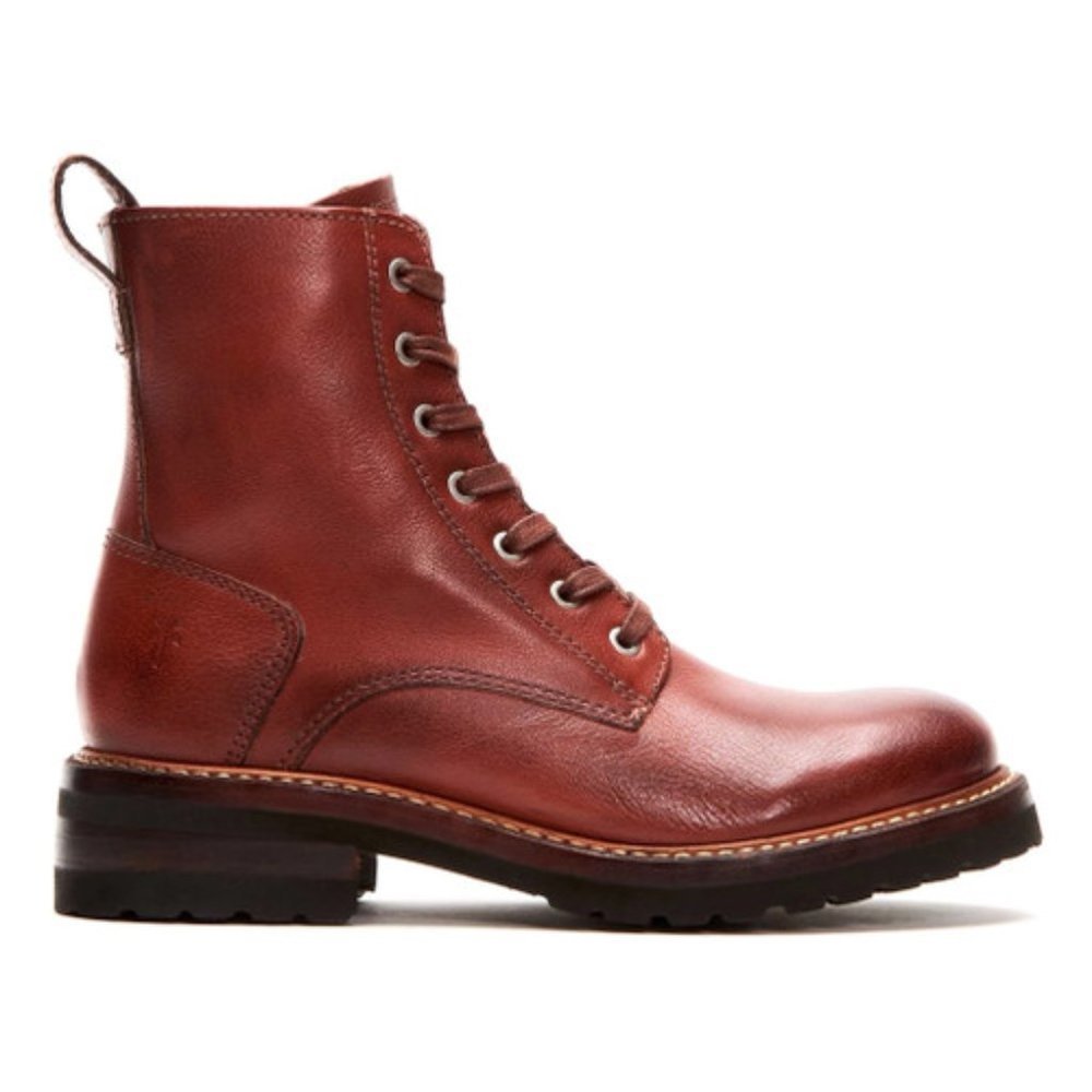 Frye Ella Moto Lace Up Brown Leather Combat Pull On Lace Up Zip Moto Ankle Boot